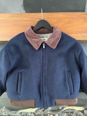 Miu Miu Navy Blue Bomber Jacket with Brown Corduroy Collar
